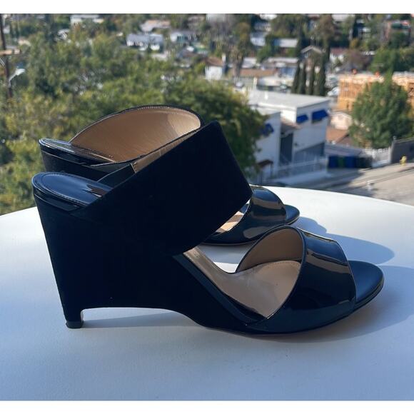 Paul Andrew Black Open Toe Patent Velvet Wedge Sandals - Picture 4 of 14